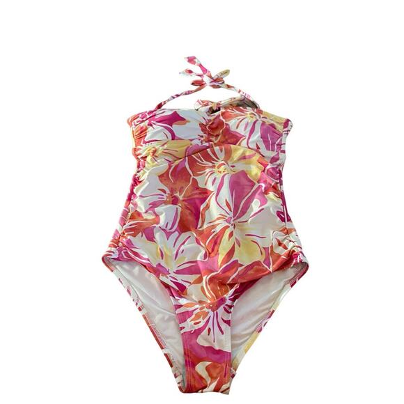 J. McLaughlin Pink White Floral Print Halter Neck One Piece Swimsuit Size 6 - Picture 1 of 5